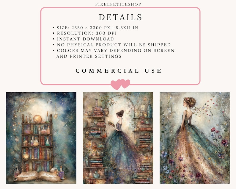 May include: A digital download set featuring three watercolor-style illustrations. The first shows a bookshelf with potions and an open book. The second depicts a person in a gown near bookshelves. The third shows a person in a floral gown.