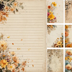 May include: A collection of vintage-style lined paper sheets with floral watercolor designs. The paper has a sepia tone with floral arrangements in shades of yellow, orange, and purple. The designs include flowers, leaves, and berries, with a rustic, aged appearance.