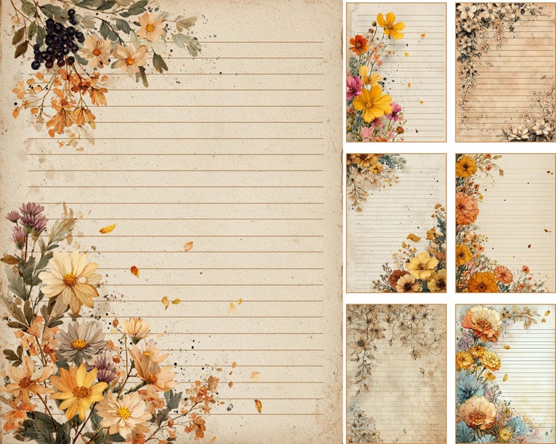 May include: A collection of vintage-style lined paper sheets with floral watercolor designs. The paper has a sepia tone with floral arrangements in shades of yellow, orange, and purple. The designs include flowers, leaves, and berries, with a rustic, aged appearance.