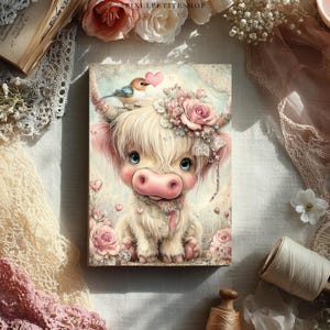 K&ouml;nnte beinhalten: Eine skurrile Illustration einer Hochlandkuh mit einem Vogel, der ein Herz h&auml;lt. Die Kuh hat eine rosa Nase, gro&szlig;e blaue Augen und ist mit Blumen geschm&uuml;ckt. Das Kunstwerk ist von floralen Elementen und Spitze umgeben.
