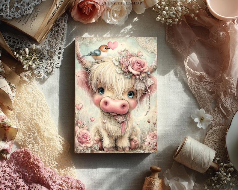 K&ouml;nnte beinhalten: Eine skurrile Illustration einer Hochlandkuh mit einem Vogel, der ein Herz h&auml;lt. Die Kuh hat eine rosa Nase, gro&szlig;e blaue Augen und ist mit Blumen geschm&uuml;ckt. Das Kunstwerk ist von floralen Elementen und Spitze umgeben.