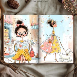 May include: An open book featuring two illustrated pages. The left page shows a person with dark hair in a bun and large glasses reading a newspaper at a cafe. The right page shows a person in a yellow and pink floral dress walking a white poodle.
