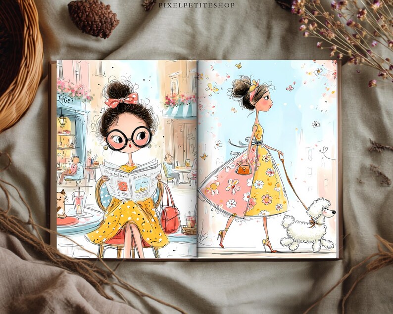May include: An open book featuring two illustrated pages. The left page shows a person with dark hair in a bun and large glasses reading a newspaper at a cafe. The right page shows a person in a yellow and pink floral dress walking a white poodle.