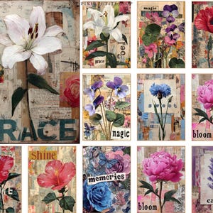 May include: A collage of floral art prints featuring various flowers like lilies, poppies, and peonies. Each print has a vintage aesthetic with text overlays such as "grace," "magic," and "bloom." The color palette includes pinks, blues, and greens.
