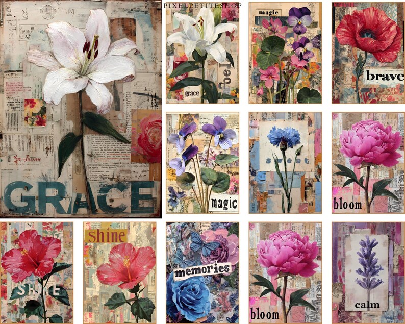 May include: A collage of floral art prints featuring various flowers like lilies, poppies, and peonies. Each print has a vintage aesthetic with text overlays such as "grace," "magic," and "bloom." The color palette includes pinks, blues, and greens.
