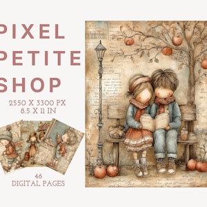 Może przedstawiać: Zestaw do pobrania cyfrowego od Pixel Petite Shop zawierający 46 stron ilustracji. Gł&oacute;wny obraz przedstawia dwoje dzieci siedzących na ławce pod jabłonią, czytających książkę, z latarnią w pobliżu. Tekst zawiera Pixel Petite Shop 2550 x 3300 px 8.5 x 11 in.