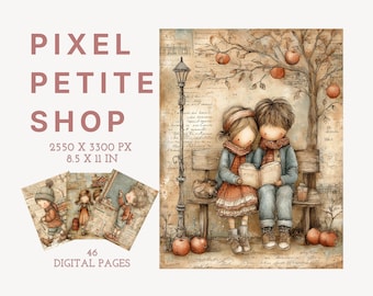 Puede incluir: Un conjunto de descarga digital de Pixel Petite Shop con 46 páginas de ilustraciones. La imagen principal muestra a dos niños sentados en un banco bajo un manzano, leyendo un libro, con una farola. El texto incluye Pixel Petite Shop 2550 x 3300 px 8.5 x 11 in.