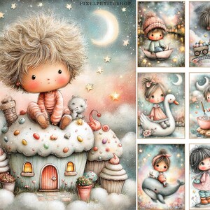 May include: Watercolor illustration featuring a whimsical scene with a child sitting atop a cupcake house. The image includes a crescent moon, stars, and other charming elements. The text "PIXELPETITESHOP" is visible.