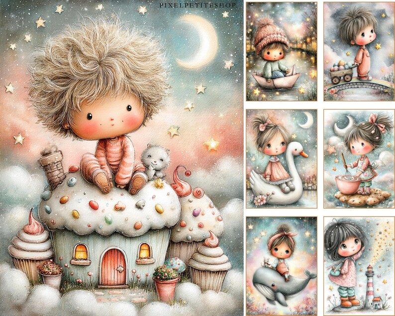 May include: Watercolor illustration featuring a whimsical scene with a child sitting atop a cupcake house. The image includes a crescent moon, stars, and other charming elements. The text "PIXELPETITESHOP" is visible.