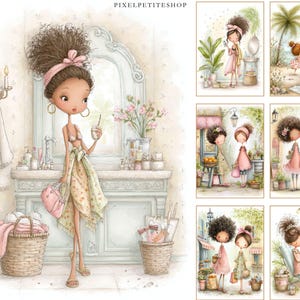May include: Watercolor illustration featuring a stylish woman in a bathroom setting, holding a drink. The image includes several smaller illustrations of women in various outdoor scenes. The color palette is soft, with pinks, greens, and creams.