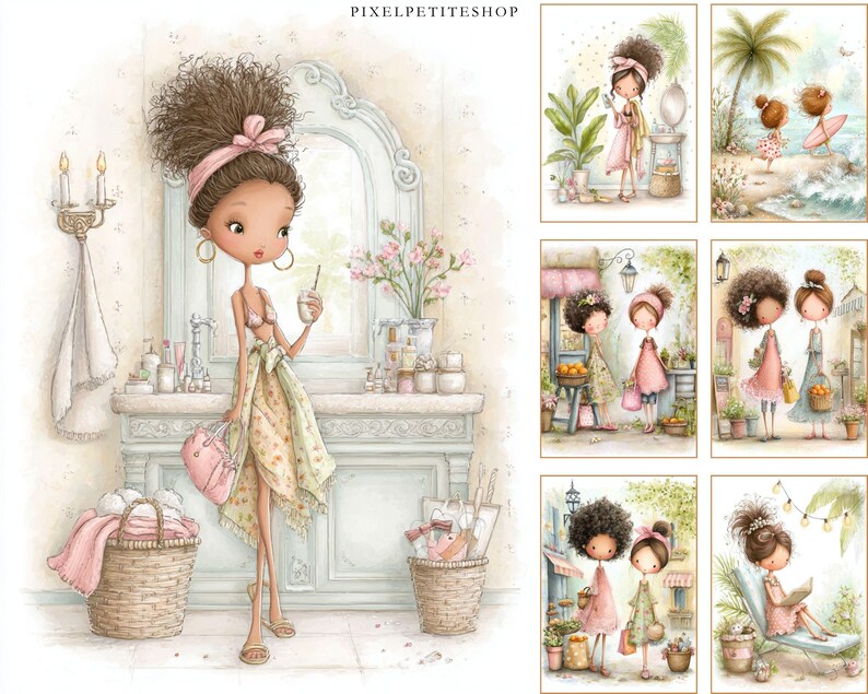 May include: Watercolor illustration featuring a stylish woman in a bathroom setting, holding a drink. The image includes several smaller illustrations of women in various outdoor scenes. The color palette is soft, with pinks, greens, and creams.
