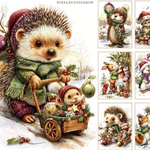 May include: Watercolor illustration of a hedgehog in a green scarf and hat pushing a wooden cart filled with Christmas ornaments. Other images show festive animals like a bear, puppies, bunnies, penguins, and foxes in winter scenes.