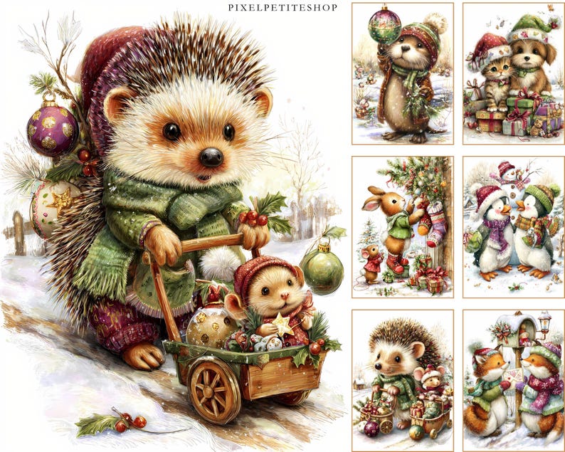 May include: Watercolor illustration of a hedgehog in a green scarf and hat pushing a wooden cart filled with Christmas ornaments. Other images show festive animals like a bear, puppies, bunnies, penguins, and foxes in winter scenes.