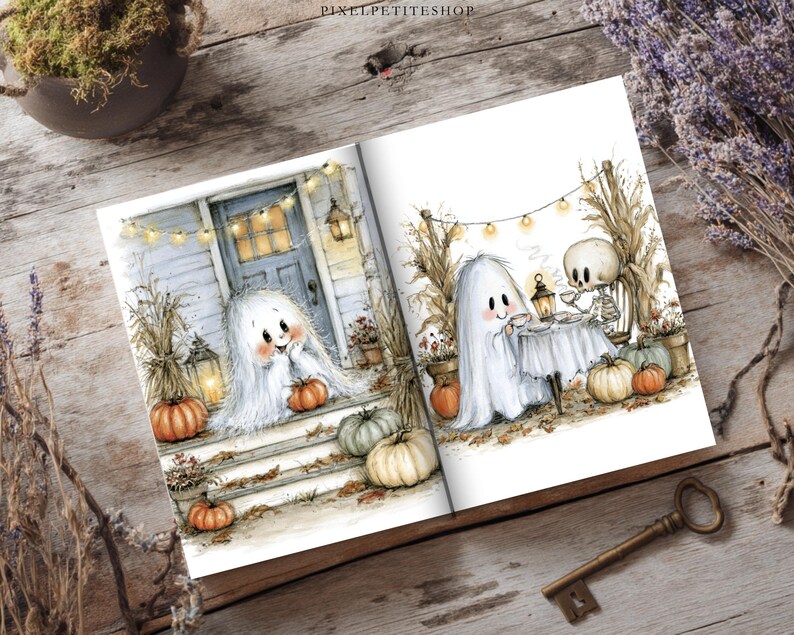 May include: An open book featuring two watercolor illustrations. The left page shows a white ghost sitting on porch steps with orange pumpkins and string lights. The right page shows a ghost and a skeleton having tea with pumpkins and lights.