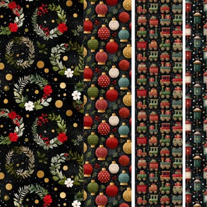 May include: A collection of Christmas-themed fabric patterns. The patterns include wreaths with red flowers, gold polka dots, ornaments, toy trains, and birdhouses, all on a black background.