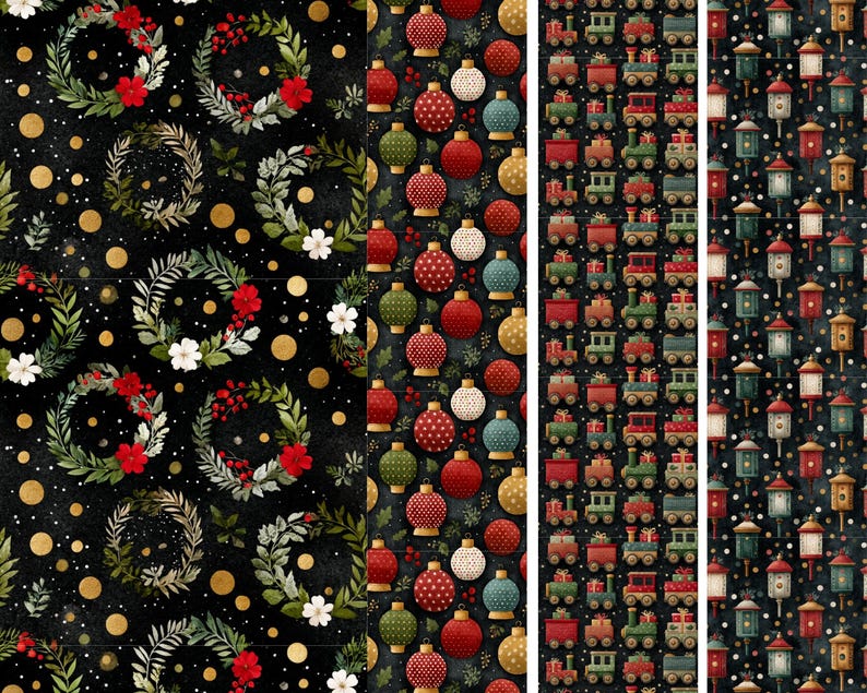 May include: A collection of Christmas-themed fabric patterns. The patterns include wreaths with red flowers, gold polka dots, ornaments, toy trains, and birdhouses, all on a black background.