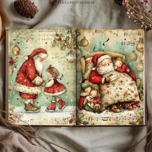 May include: An open book featuring two illustrated pages with Christmas themes. The left page shows Santa Claus ice skating with a young child. The right page depicts Santa Claus sitting in a chair with three children, surrounded by musical notes and gold ornaments.