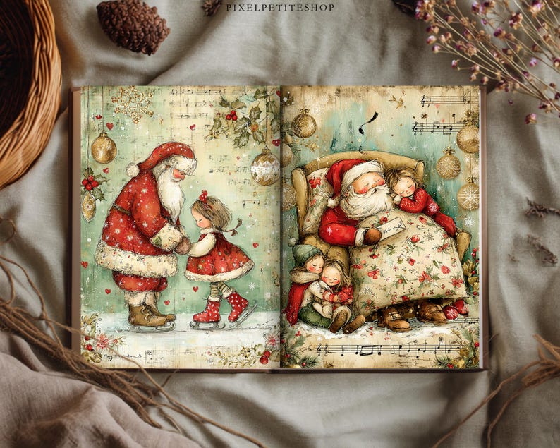 May include: An open book featuring two illustrated pages with Christmas themes. The left page shows Santa Claus ice skating with a young child. The right page depicts Santa Claus sitting in a chair with three children, surrounded by musical notes and gold ornaments.