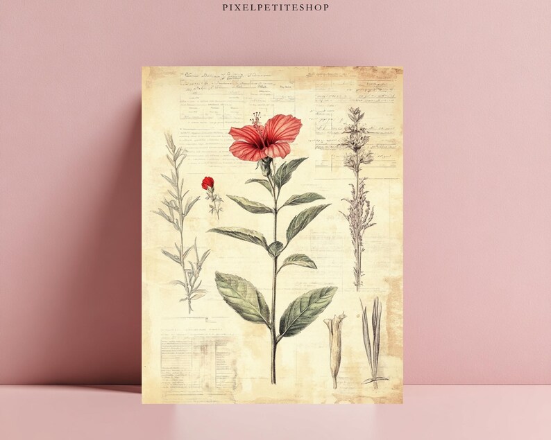 May include: Botanical print featuring a vibrant red hibiscus flower with detailed green leaves and stems. The vintage-style artwork includes other botanical illustrations and handwritten script on a cream-colored background. The print is labeled "PIXELPETITESHOP" at the top.