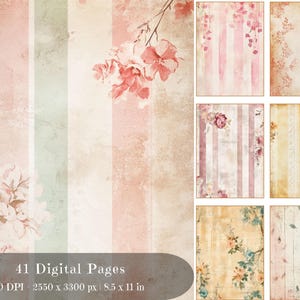 May include: A collection of 41 digital pages with a vintage aesthetic. The pages feature floral and striped designs in soft pastel colors, including pink, green, and beige. The image includes text that reads "41 Digital Pages" and dimensions of 8.5 x 11 inches.