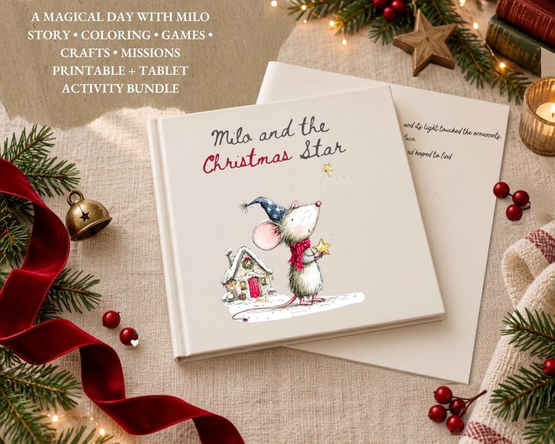 May include: A square book titled Milo and the Christmas Star featuring an illustration of a mouse wearing a blue star-patterned hat and red scarf, holding a yellow star. The cover includes a small house and text about a printable activity bundle.