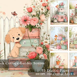 May include: Watercolor digital art featuring a cute puppy, flowers, and vintage suitcases. The image includes a white picket fence, butterflies, and the text "French Cottage Garden Scenes". The art is 8.5 x 11 inches.