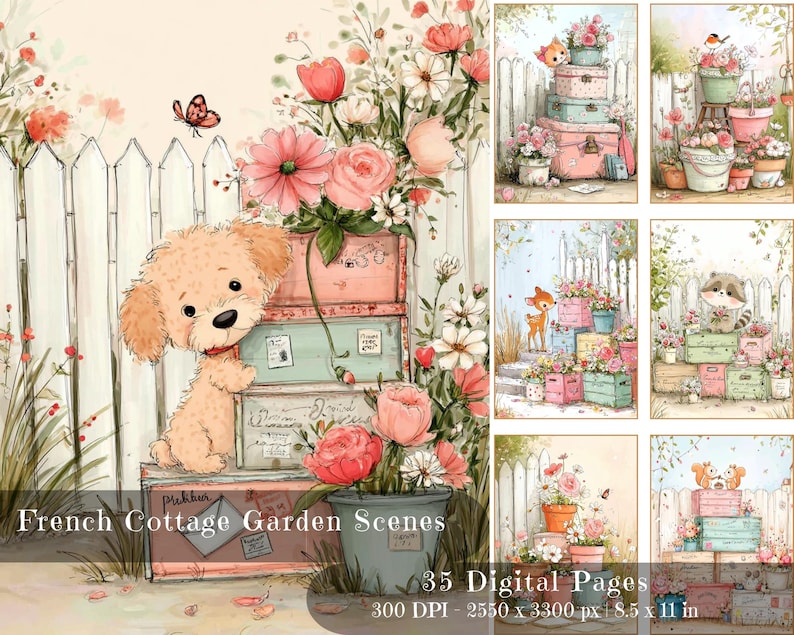 May include: Watercolor digital art featuring a cute puppy, flowers, and vintage suitcases. The image includes a white picket fence, butterflies, and the text "French Cottage Garden Scenes". The art is 8.5 x 11 inches.