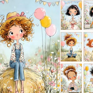 May include: A series of charming illustrations of young girls in outdoor scenes. The central image shows a girl with curly hair, wearing dungarees and a straw hat, seated on a haystack, with balloons. Other images show girls with flowers, cake, and apples.