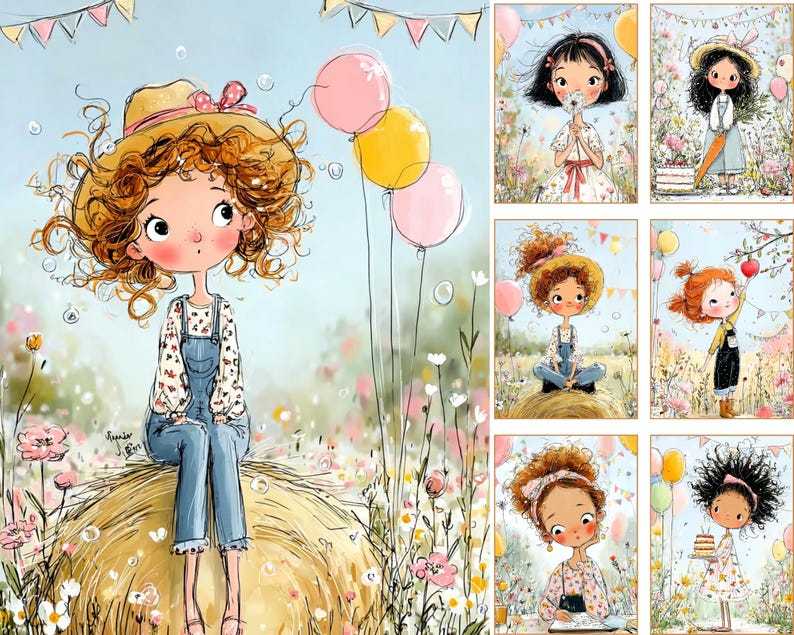 May include: A series of charming illustrations of young girls in outdoor scenes. The central image shows a girl with curly hair, wearing dungarees and a straw hat, seated on a haystack, with balloons. Other images show girls with flowers, cake, and apples.