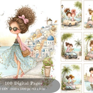 May include: Watercolor illustrations featuring a stylish woman in sunglasses and a flowing skirt, set against a backdrop of a coastal town. Additional images depict girls in vintage cars and reading by the sea. The text reads "100 Digital Pages".