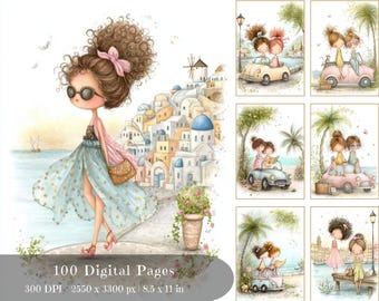 May include: Watercolor illustrations featuring a stylish woman in sunglasses and a flowing skirt, set against a backdrop of a coastal town. Additional images depict girls in vintage cars and reading by the sea. The text reads "100 Digital Pages".