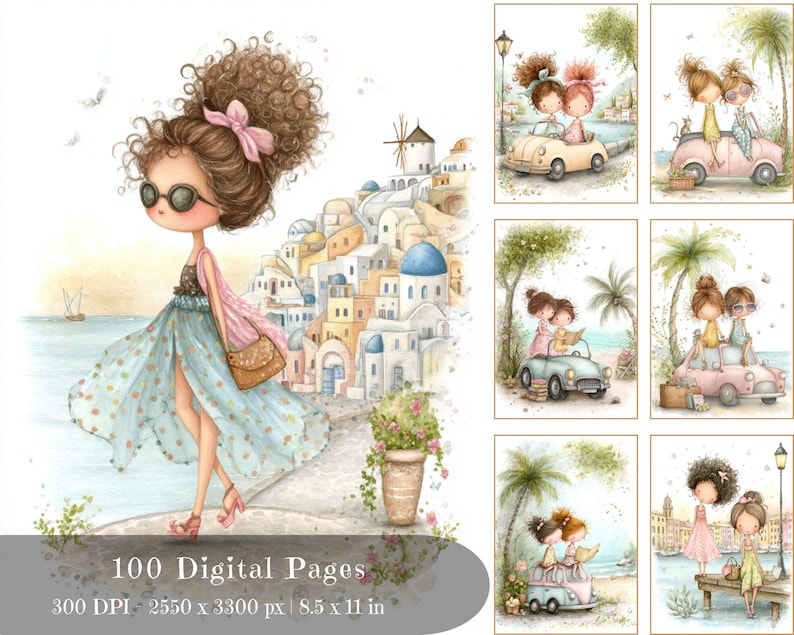 May include: Watercolor illustrations featuring a stylish woman in sunglasses and a flowing skirt, set against a backdrop of a coastal town. Additional images depict girls in vintage cars and reading by the sea. The text reads "100 Digital Pages".