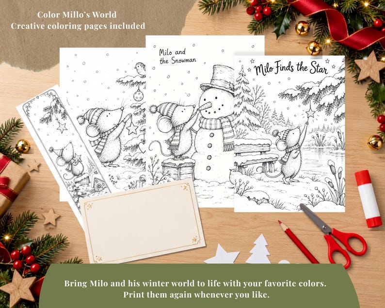 May include: A set of black and white coloring pages featuring illustrations of a mouse named Milo in winter scenes, including Milo and the Snowman and Milo Finds the Star, alongside a blank rectangular card and a tall vertical bookmark.