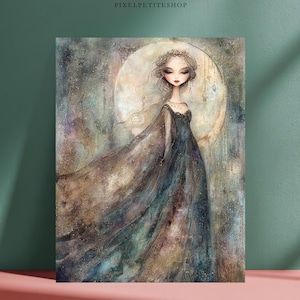 May include: A digital art print featuring a stylized figure with large eyes and a crown, wearing a flowing dark blue and brown gown. The background displays a large, pale circular moon shape with textured, ethereal layers of gold and grey tones.