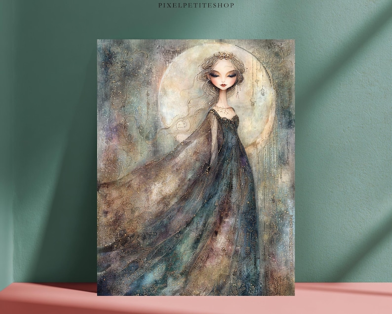 May include: A digital art print featuring a stylized figure with large eyes and a crown, wearing a flowing dark blue and brown gown. The background displays a large, pale circular moon shape with textured, ethereal layers of gold and grey tones.