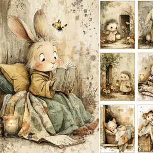 May include: Watercolor illustration of a rabbit reading a book, wearing a yellow robe and sitting on a bed with pillows and a floral blanket. A butterfly hovers nearby. Additional images feature other animal characters.