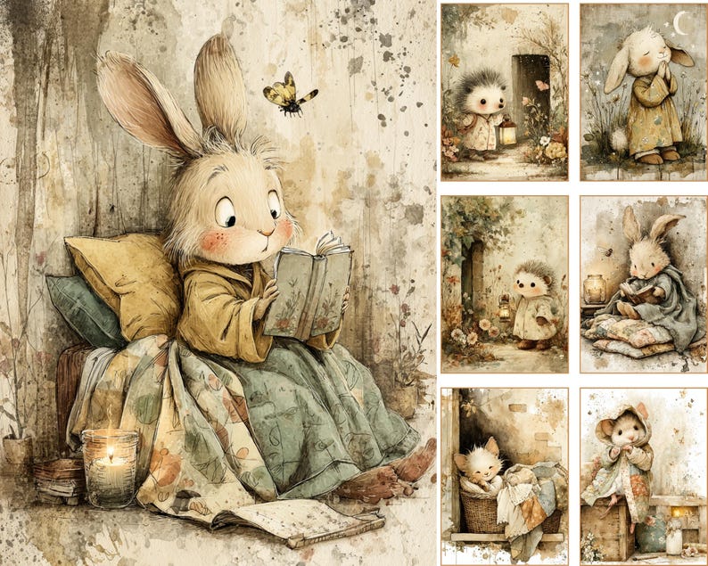 May include: Watercolor illustration of a rabbit reading a book, wearing a yellow robe and sitting on a bed with pillows and a floral blanket. A butterfly hovers nearby. Additional images feature other animal characters.