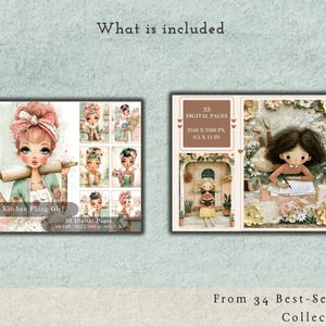 May include: A digital collection featuring 33 pages measuring 8.5 x 11 inches, including illustrations of a pinup girl with a rolling pin and various characters in floral settings, with text labels indicating 300 DPI and 2550 x 3300 pixels.