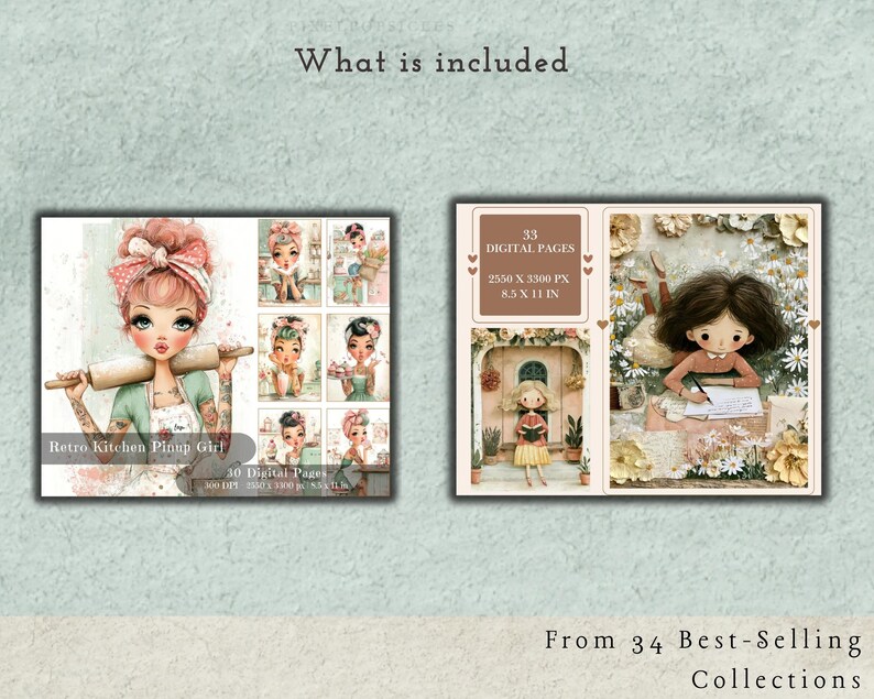 May include: A digital collection featuring 33 pages measuring 8.5 x 11 inches, including illustrations of a pinup girl with a rolling pin and various characters in floral settings, with text labels indicating 300 DPI and 2550 x 3300 pixels.