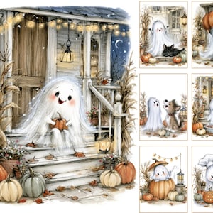 May include: A collection of watercolor-style illustrations featuring a friendly white ghost character in various autumn scenes, including sitting on porch steps with pumpkins, interacting with a black cat, a dog, and wearing a chef hat.