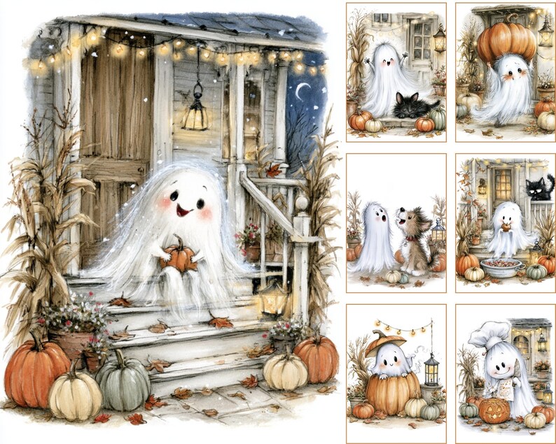 May include: A collection of watercolor-style illustrations featuring a friendly white ghost character in various autumn scenes, including sitting on porch steps with pumpkins, interacting with a black cat, a dog, and wearing a chef hat.
