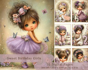 Puede incluir: Impresión de arte digital que presenta a una dulce niña con un vestido lavanda y un lazo a juego, rodeada de mariposas. La imagen incluye el texto "Sweet Birthday Girls" y "33 Digital Pages". La impresión mide 21,59 x 27,94 cm.