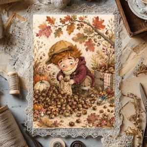 Op de afbeelding: Een rechthoekige print met een aquarelillustratie van een kind met rood haar, een beige pet en een bordeauxrode jas, die eikels verzamelt in een papieren zak. De sc&egrave;ne bevat herfstbladeren, pompoenen en een houten kist in een bosrijke omgeving.