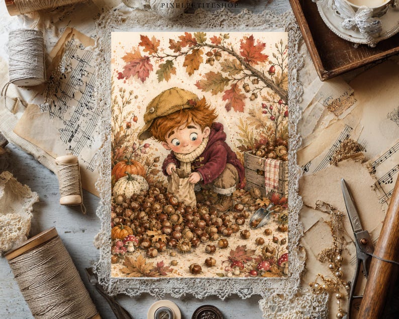 Op de afbeelding: Een rechthoekige print met een aquarelillustratie van een kind met rood haar, een beige pet en een bordeauxrode jas, die eikels verzamelt in een papieren zak. De sc&egrave;ne bevat herfstbladeren, pompoenen en een houten kist in een bosrijke omgeving.
