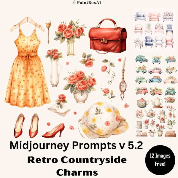 Mdjourney Prompts for Retro Countryside Clipart, AI Cottagecore Prompts, Accessories, Vintage Midjourney Prompts, Free Images Included