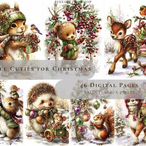 Puede incluir: Una impresión de arte digital con adorables criaturas del bosque con ropa de invierno. La imagen incluye una ardilla, un oso, un ciervo y otros animales, todos decorados para Navidad. El texto dice "Little Cuties for Christmas" y "46 Digital Pages".