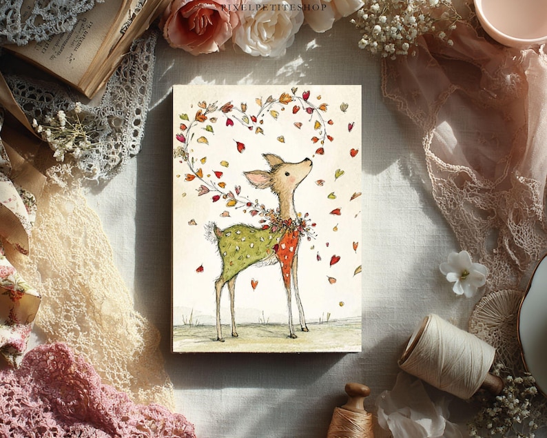 K&ouml;nnte beinhalten: Eine skurrile Illustration eines Hirsches mit einem gr&uuml;n-roten gemusterten Mantel, umgeben von fallenden Bl&auml;ttern. Der Hirsch blickt auf eine herzf&ouml;rmige Anordnung von Bl&auml;ttern. Das Kunstwerk hat einen weichen Aquarellstil und einen neutralen Hintergrund.