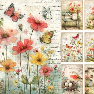 May include: A collection of decorative art prints featuring watercolor-style illustrations of wildflowers, butterflies, mushrooms, a bird in a nest, and a house. The designs incorporate vintage script text overlays on light, textured backgrounds.