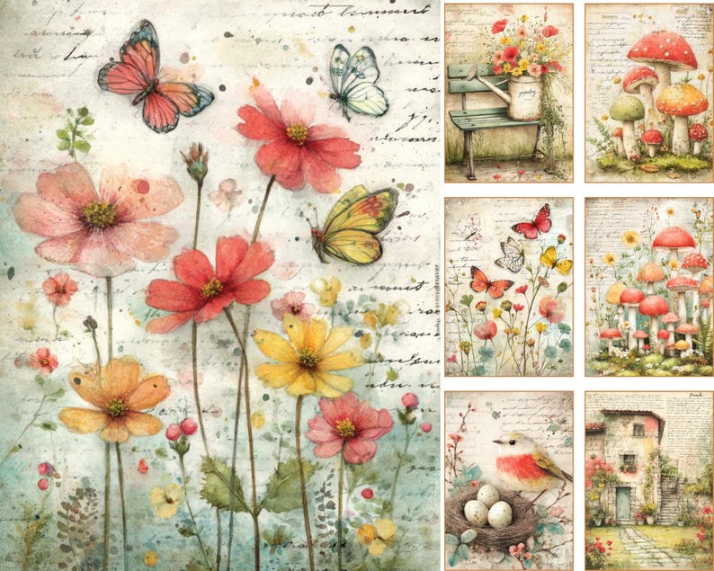 May include: A collection of decorative art prints featuring watercolor-style illustrations of wildflowers, butterflies, mushrooms, a bird in a nest, and a house. The designs incorporate vintage script text overlays on light, textured backgrounds.