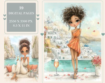 May include: Digital art print featuring two illustrations of stylish women in scenic locations. One woman is in an orange dress, the other in a white jumpsuit. The image includes text: "39 Digital Pages, 2550 x 3300 px, 8.5 x 11 in."
